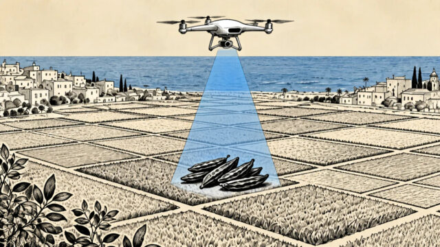 Il·lustració d'un dron blanc volant sobre uns camps de cultiu quadriculats arran de mar mentre projecta un feix de llum blava sobre un grapat de garrofes